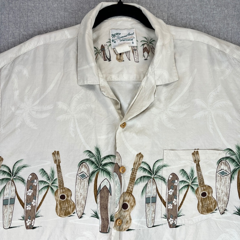 Diamond Head classic guitar‎ Hawaiian Shirt XL Surfboard beach rock 'n' roll